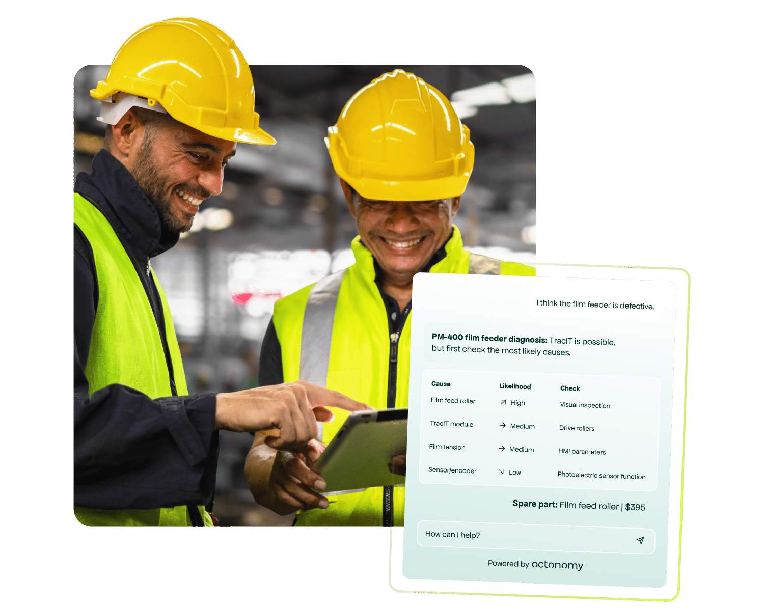 Two service technicians with a tablet and AI diagnostic interface for field service by octonomy