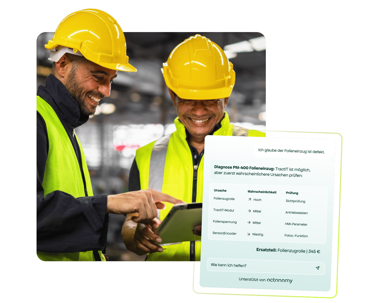Zwei Servicetechniker mit Tablet und KI-Diagnoseoberfläche für Field Service von octonomy